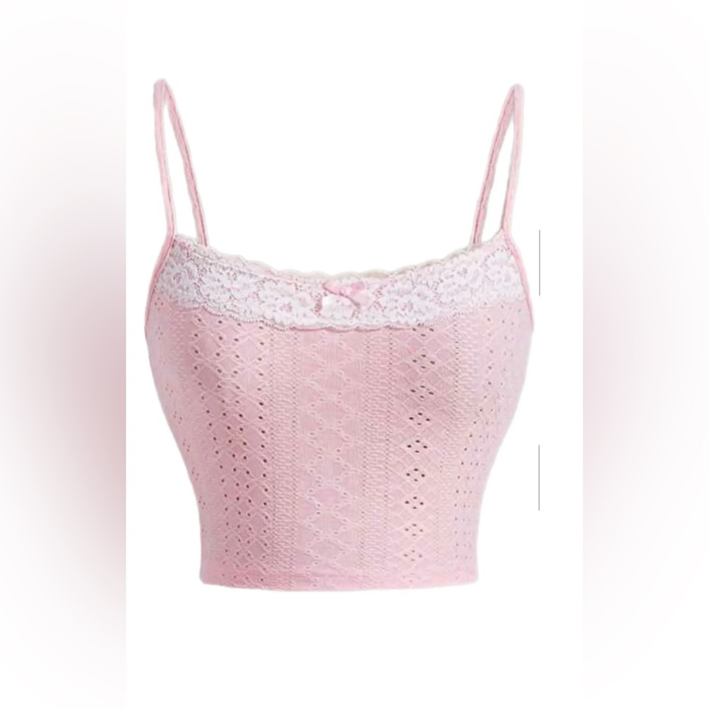 Y2K Coquette Baby Pink Contrast Lace Cami Crop Top New Casual Party S/4 Fairy